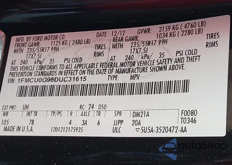 2013 Ford Escape Se z USA, uszkodzony, nr VIN 1FMCU0G96DUC31615
